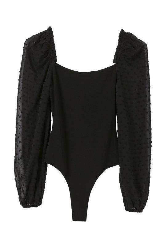 LS Swiss Dot Mesh Shirring Sleeve Bodysuit - Bodysuit