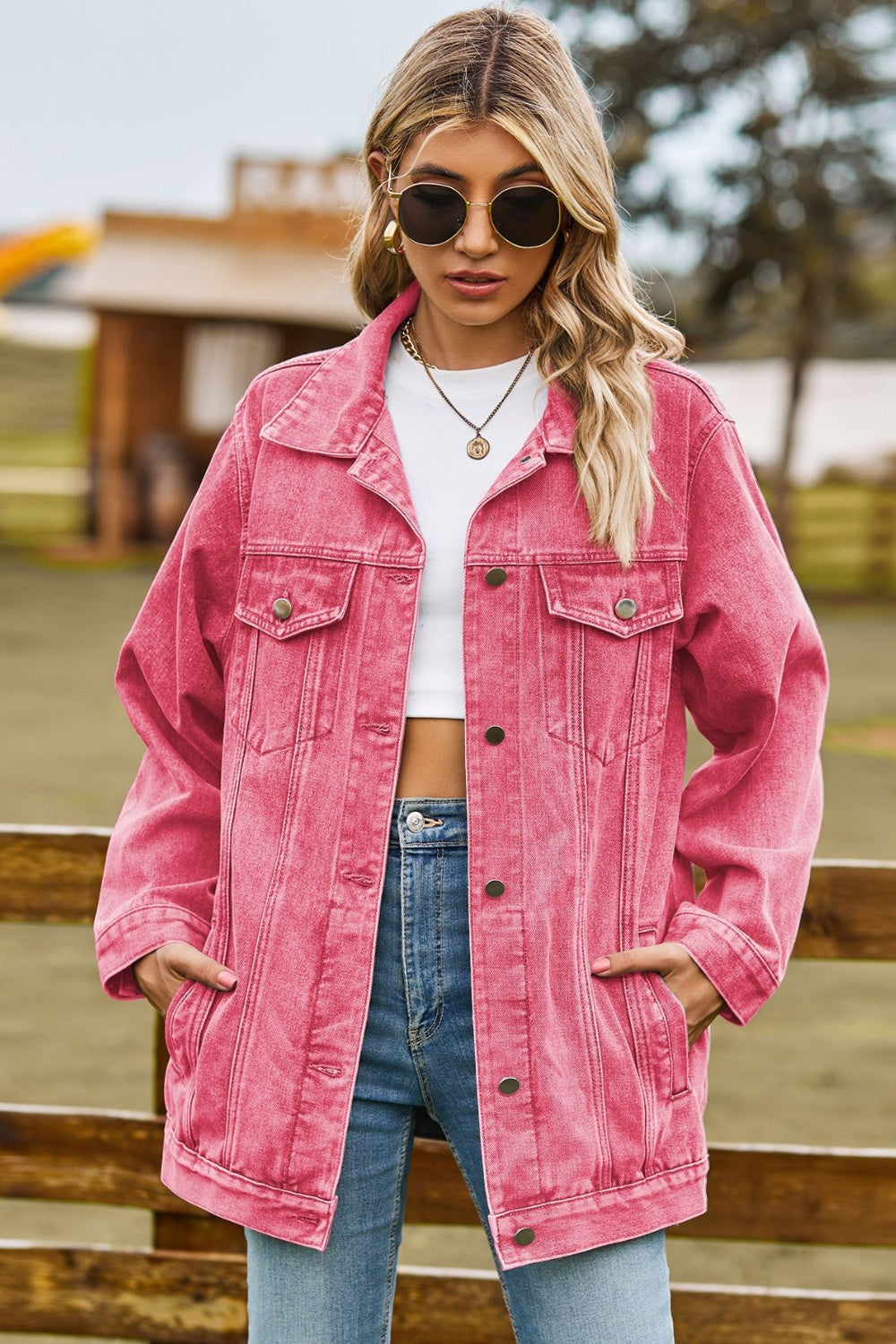 Buttoned Collared Neck Truck Denim Jacket with Pockets