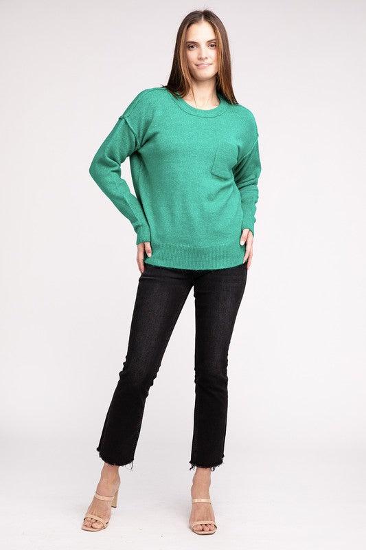 Melange Hi-Low Hem Round Neck Sweater - Sweater