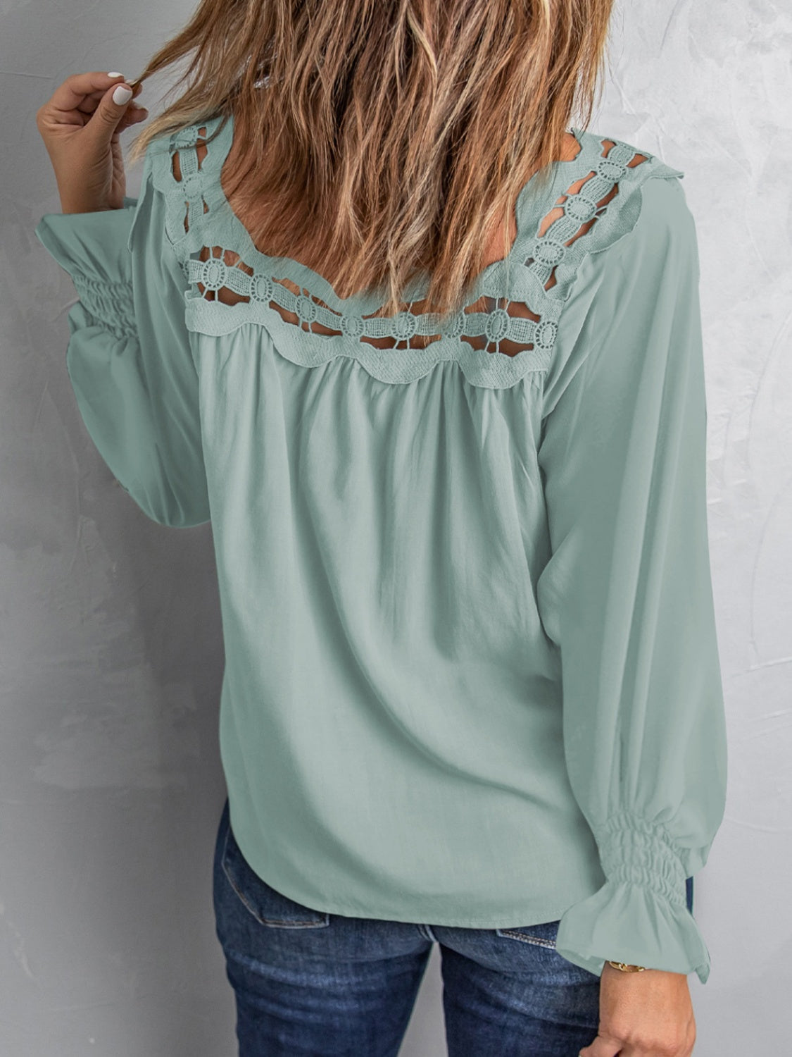 Cutout Square Neck Long Sleeve Lace Blouse