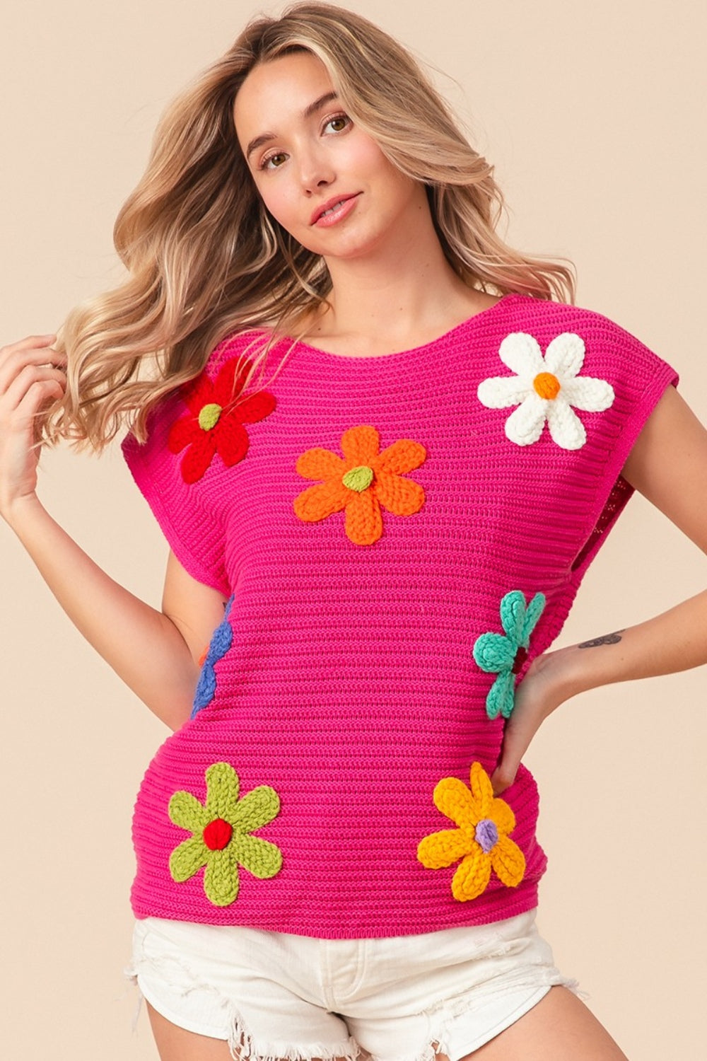 BiBi Flower Round Neck Cap Sleeve Sweater Vest