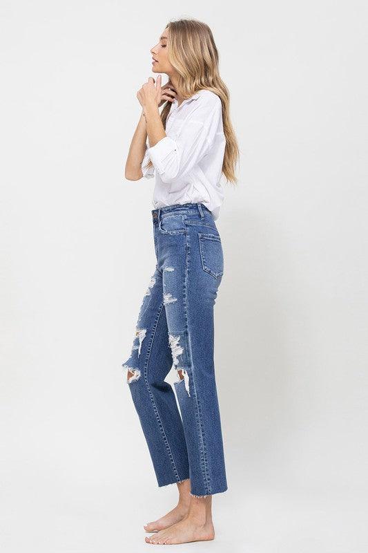 Distressed High Rise Ankle Relaxed Straight Jeans - Jeans