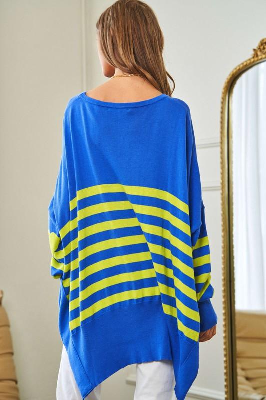 Striped Elbow Patch Oversized Sweater Top - Sweater