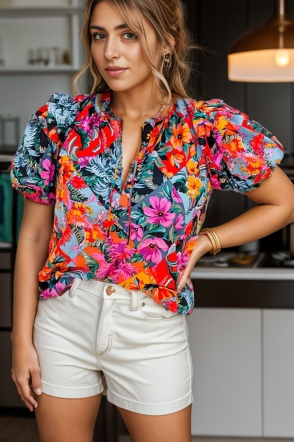 Ruffled Floral Tie Neck Short Sleeve Blouse