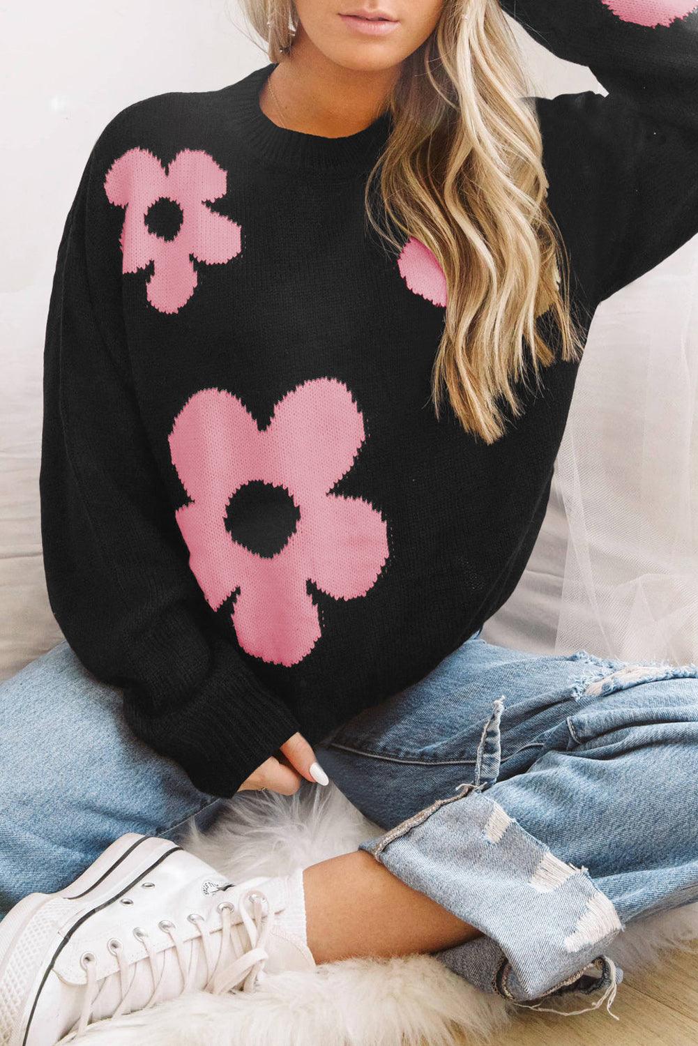 Round Neck Floral Pattern Sweater - Sweater