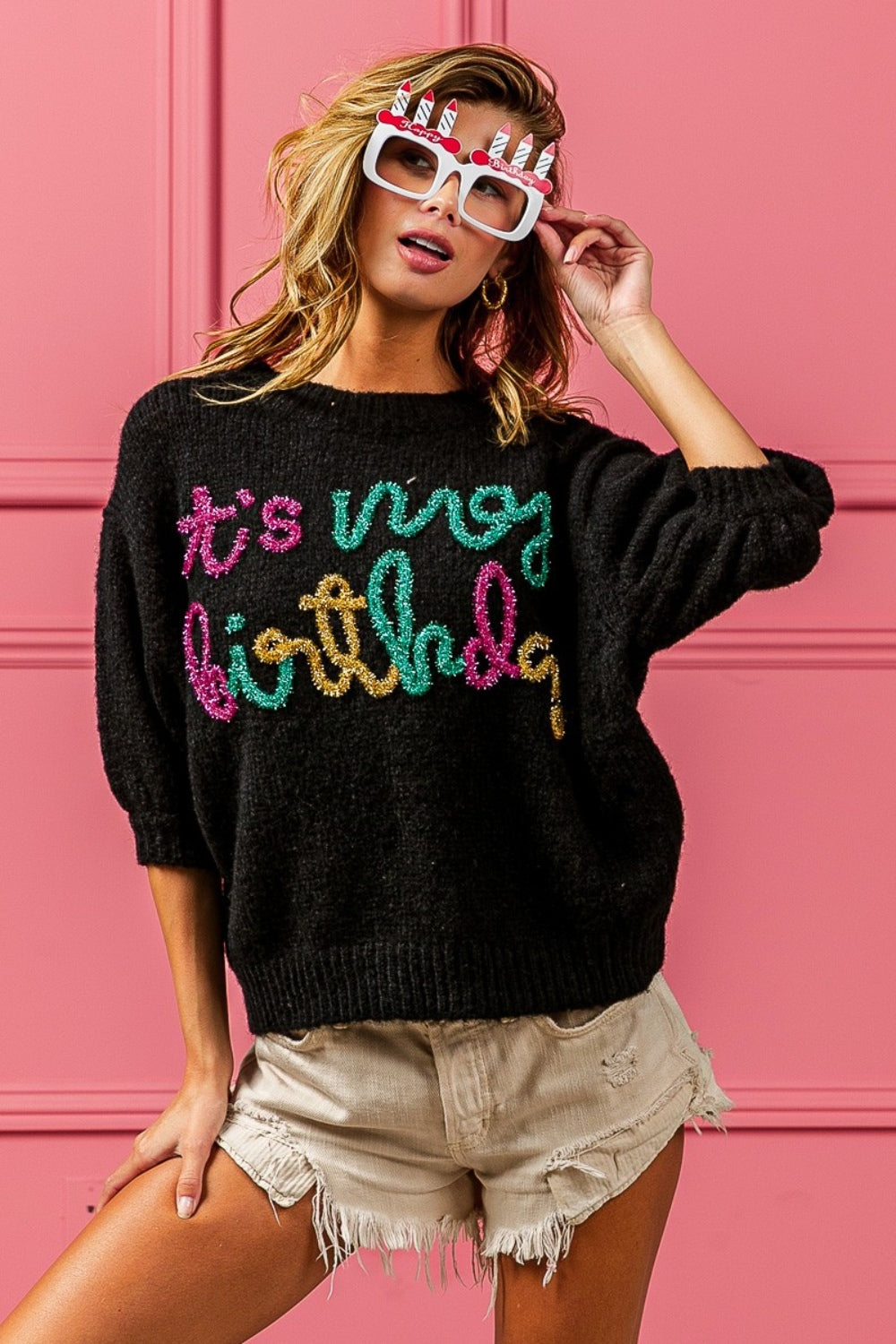 BiBi Metallic Letter It's My Birthday Puff Sleeve Sweater