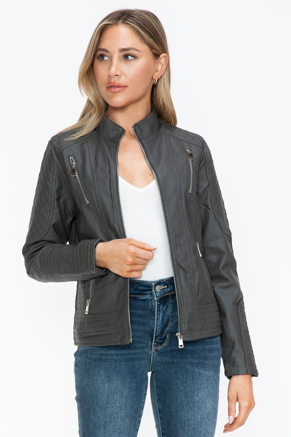 Snobbish Faux Leather Zip Up Mock Neck Moto Jacket