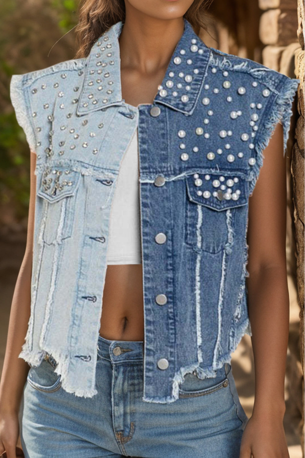 Pearl Raw Hem Sleeveless Denim Vest Jacket