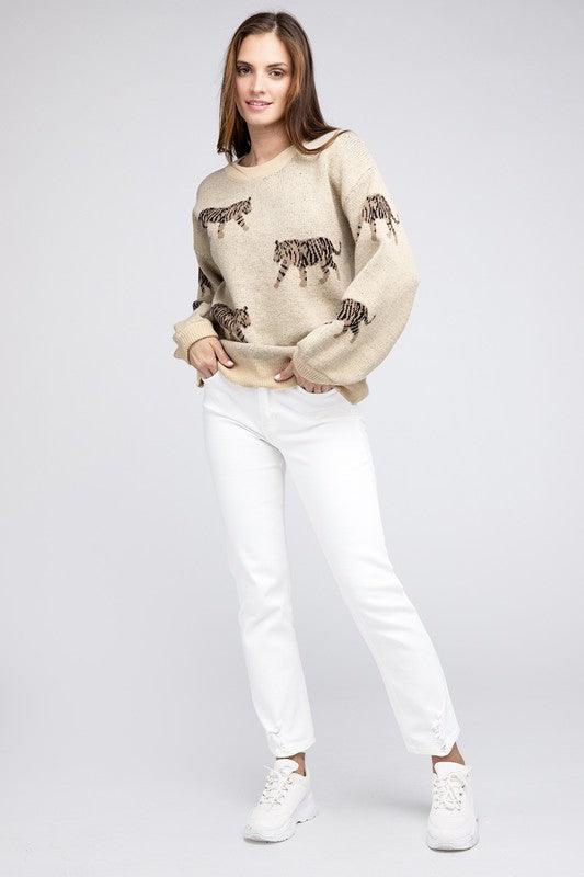 Tiger Pattern Pullover Sweater - Sweater