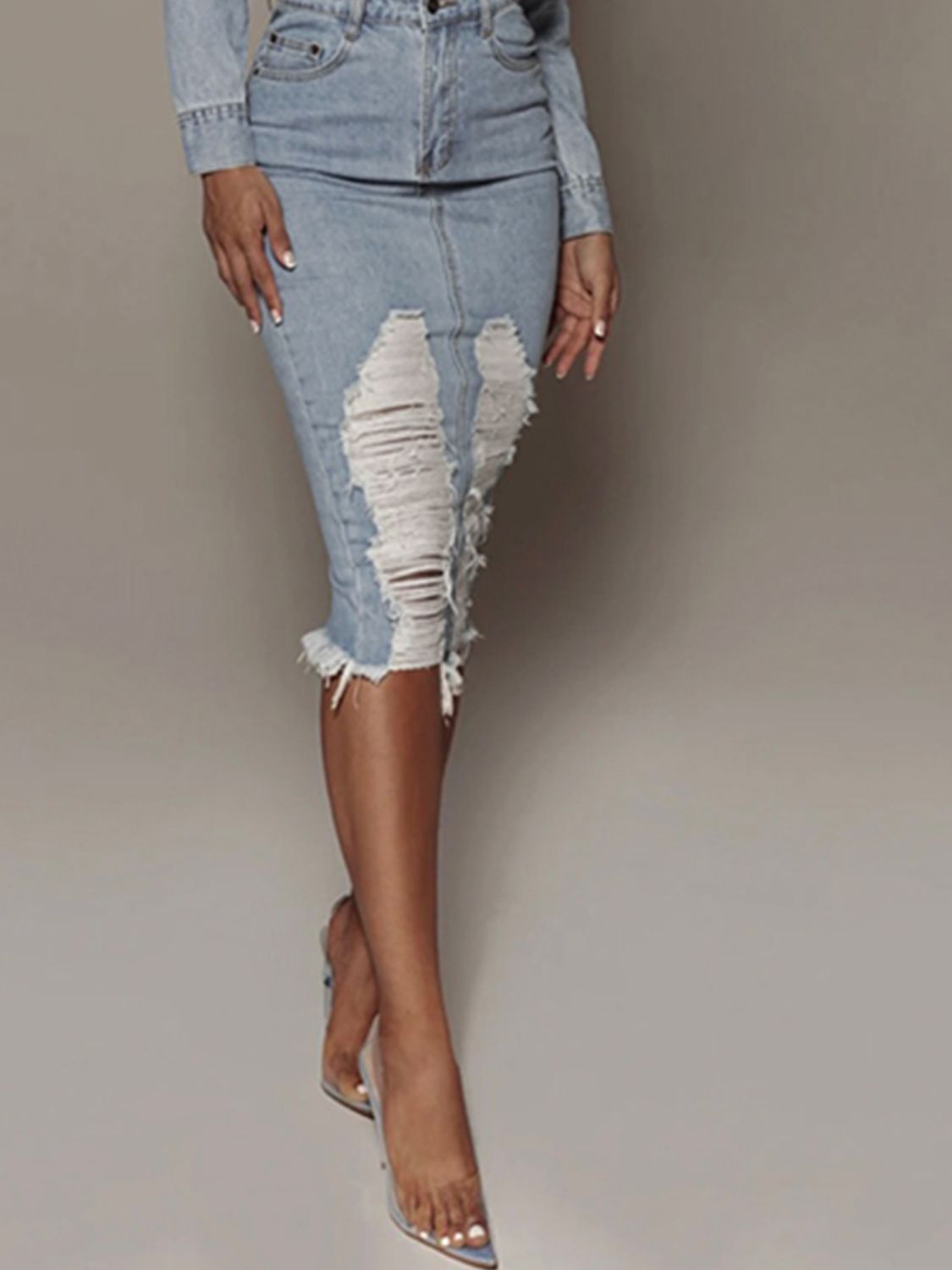 Distressed Slit Midi Denim Skirt