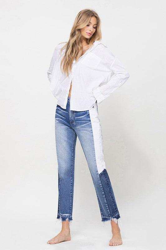 Super HIgh RIse Straight W/Side Blocking Panel - Jeans