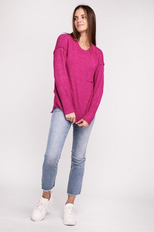 Melange Hi-Low Hem Round Neck Sweater - Sweater