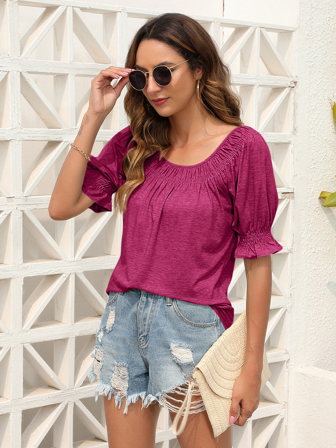 Ruched Off-Shoulder Short Sleeve Blouse