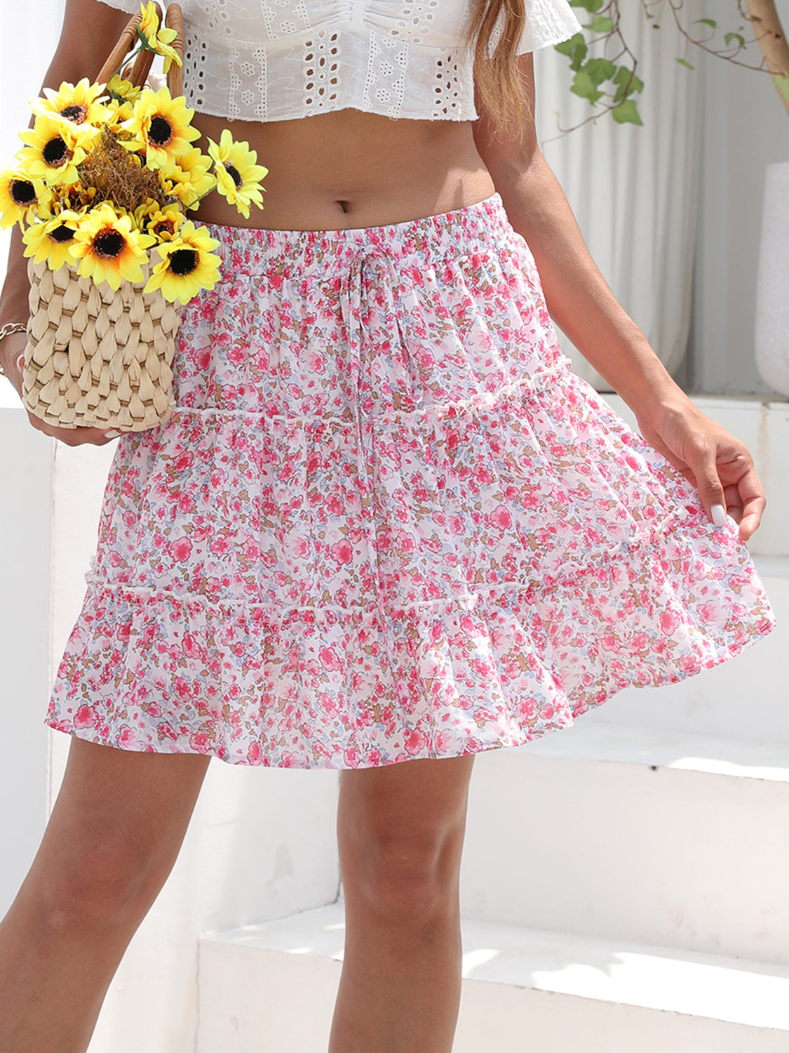 Floral Elastic Waist Mini Skirt