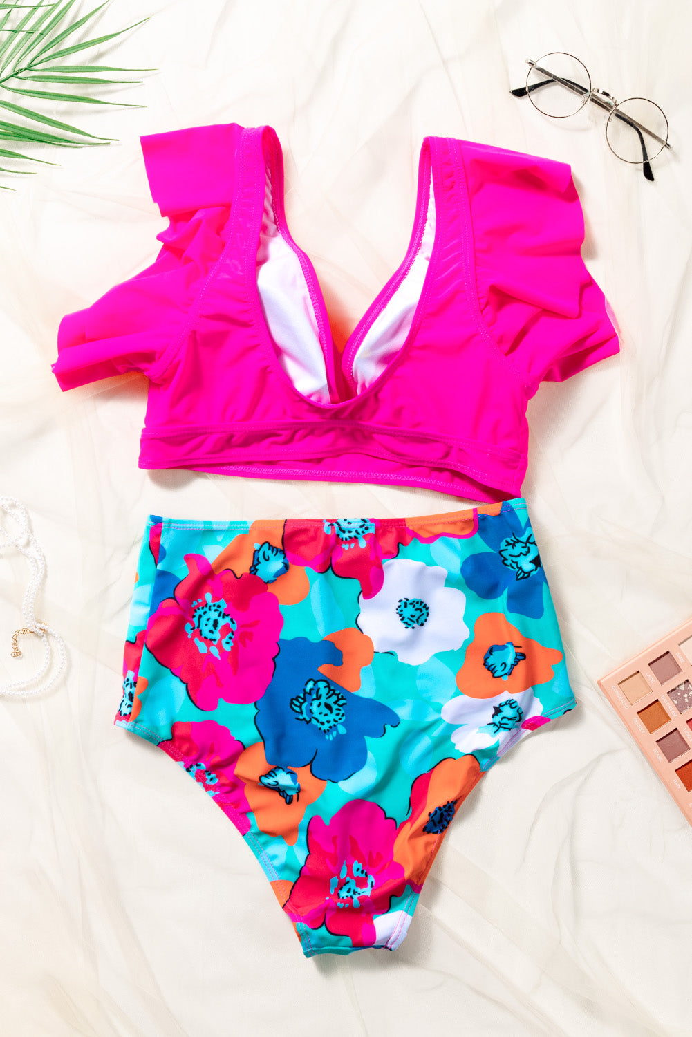 Cropped Swim Top and Floral Bottoms Bikini Set