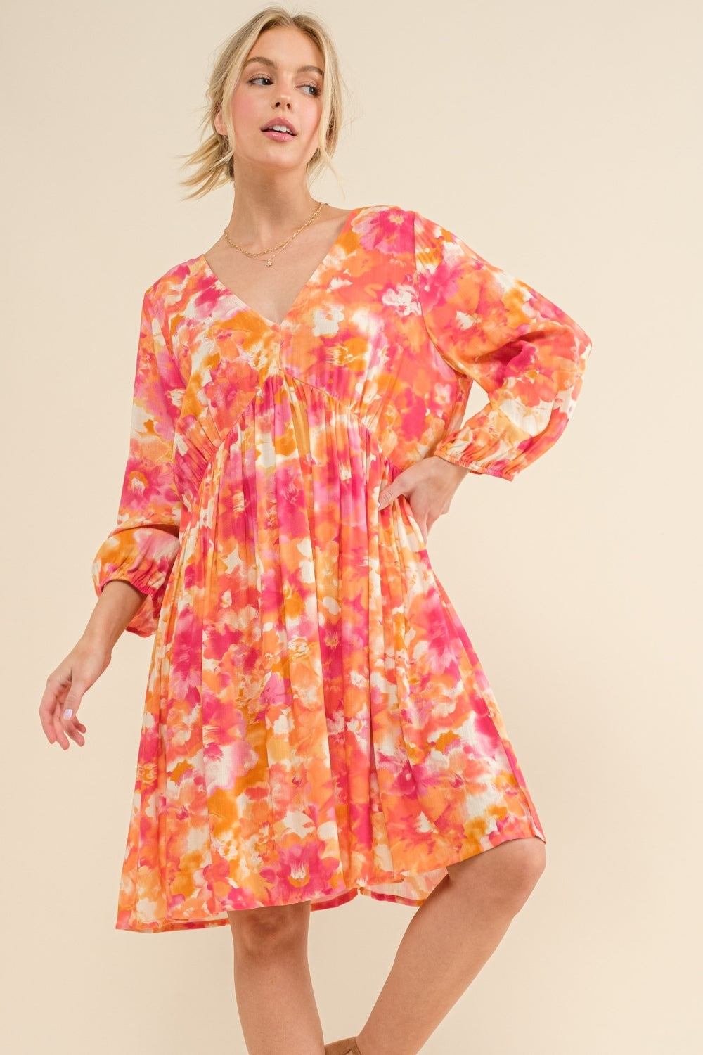 And The Why Full Size Floral Tie Back Long Sleeve Dress