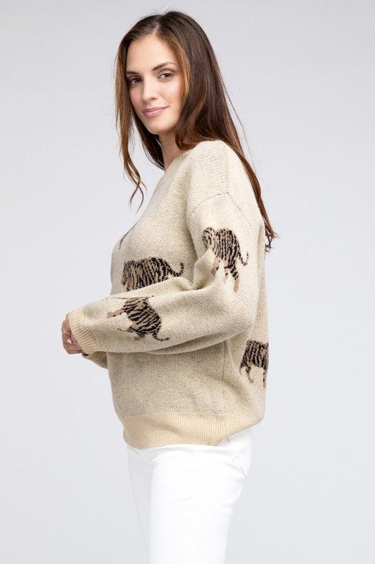 Tiger Pattern Pullover Sweater - Sweater