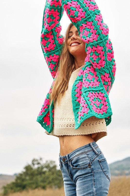 Two-Tone Floral Square Crochet Open Knit Cardigan - Cardigan