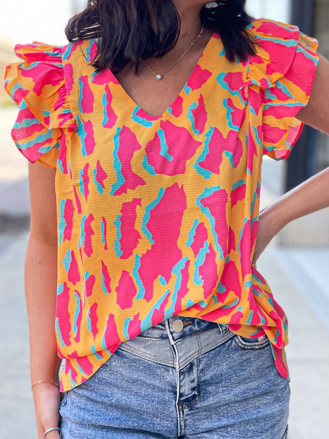 Multicolored Ruffled Leopard V-Neck Cap Sleeve Top