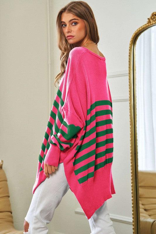 Striped Elbow Patch Oversized Sweater Top - Sweater