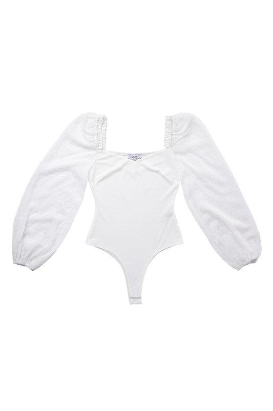 LS Swiss Dot Mesh Shirring Sleeve Bodysuit - Bodysuit