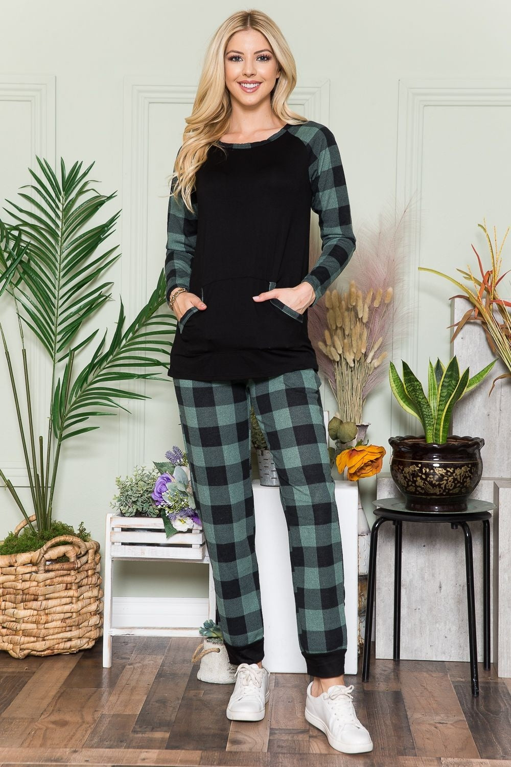 Celeste Plaid Long Sleeve T-Shirt Loungewear Set