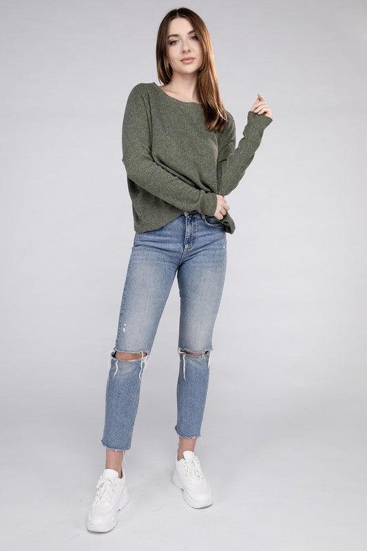 Zenana Ribbed Dolman Long Sleeve Sweater - Sweater