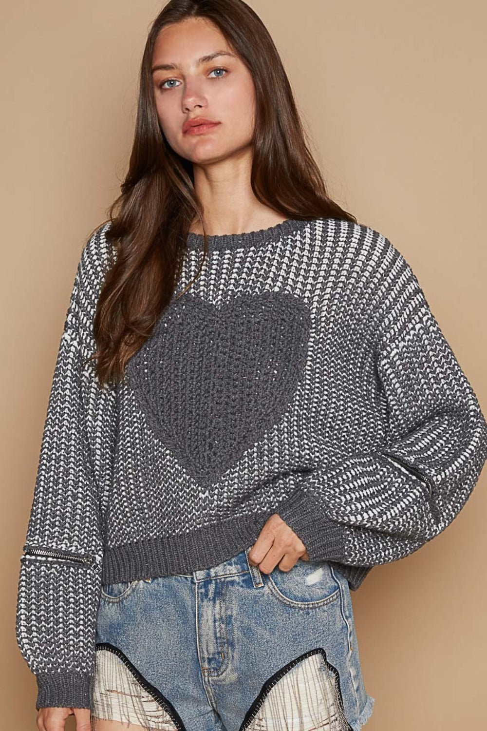 POL Round Neck Heart Patch Sweater