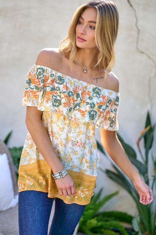 Printed Off Shoulder Smocked Top - Top