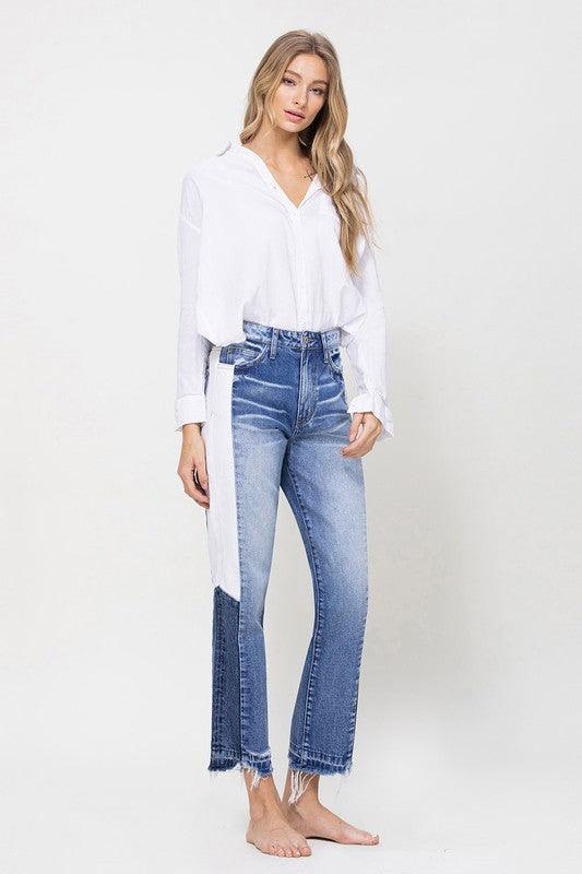 Super HIgh RIse Straight W/Side Blocking Panel - Jeans