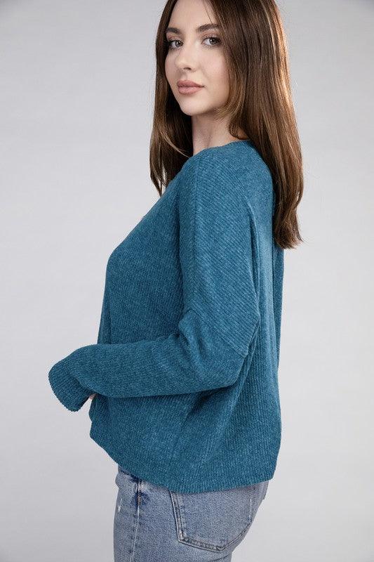 Zenana Ribbed Dolman Long Sleeve Sweater - Sweater