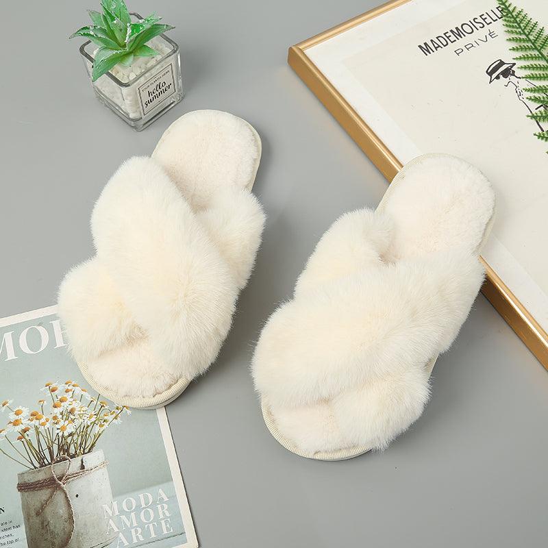 Faux Fur Crisscross Strap Slippers - Slippers