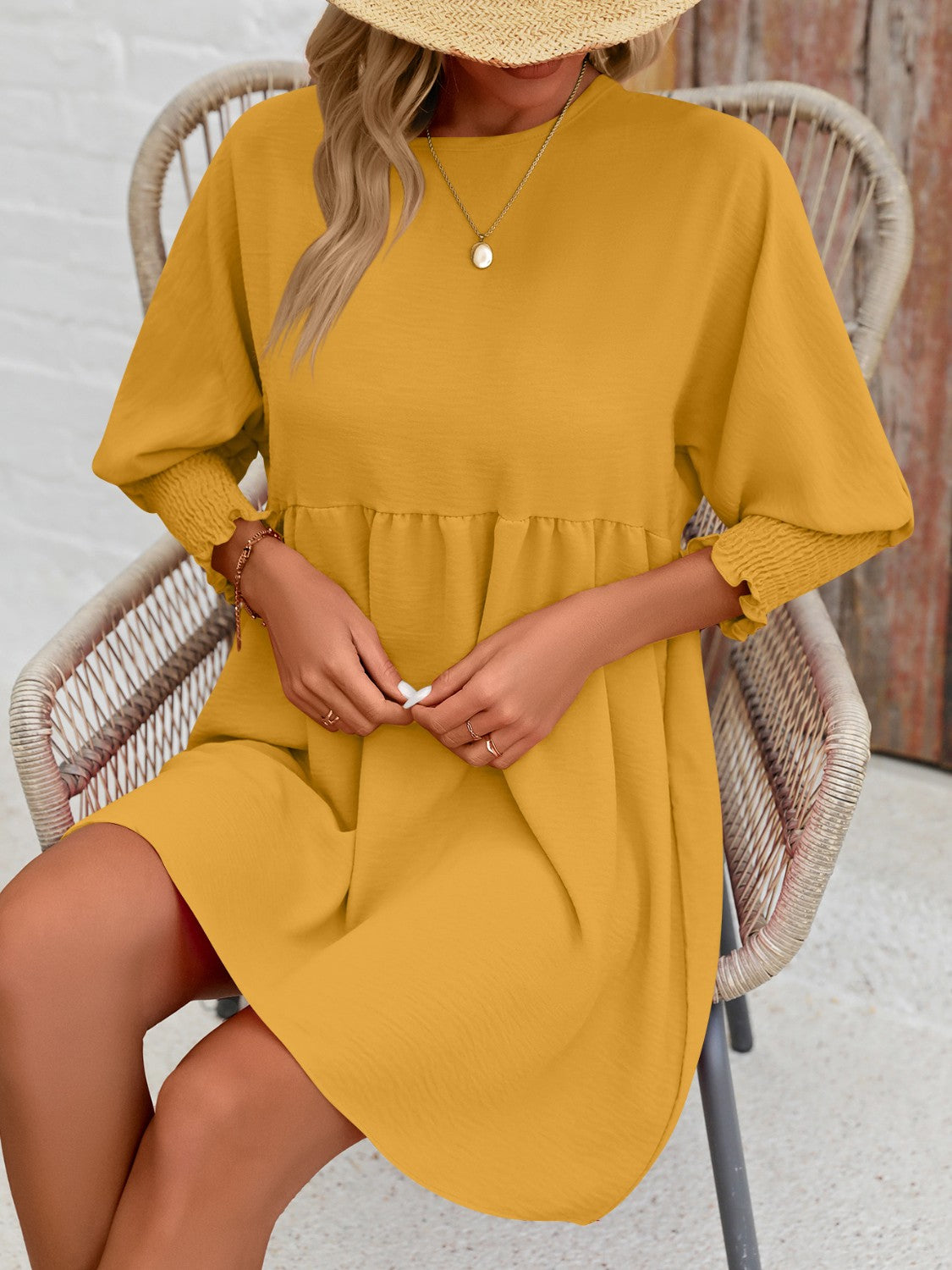 Round Neck Long Lantern Sleeve Mini Dress