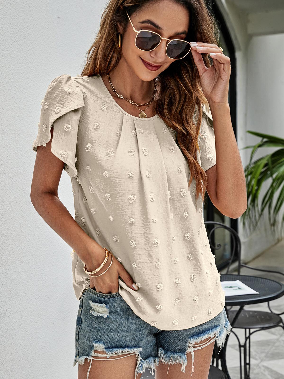 Swiss Dot Round Neck Petal Sleeve Top - Top