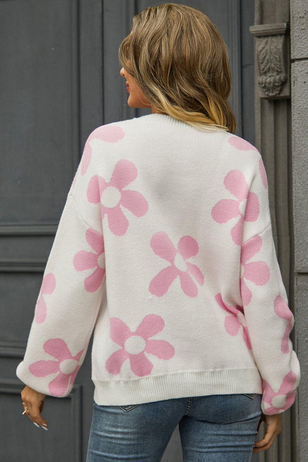 Floral Print Round Neck Dropped Shoulder Pullover Sweater - Sweater