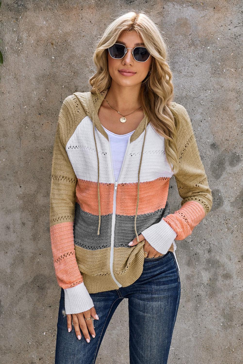 Color Block Zip-Up Openwork Hooded Cardigan - Cardigan