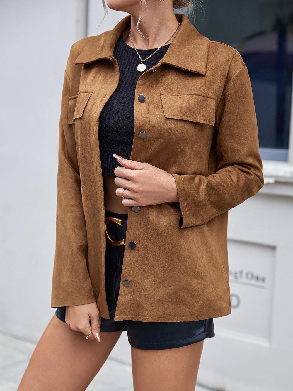 Button Front Collared Faux Suede Jacket - Jacket