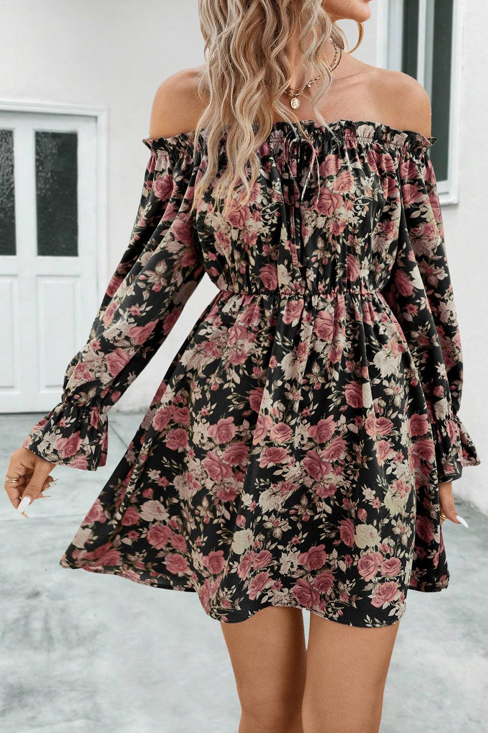 Floral Off-Shoulder Flounce Sleeve Dress - Dresses