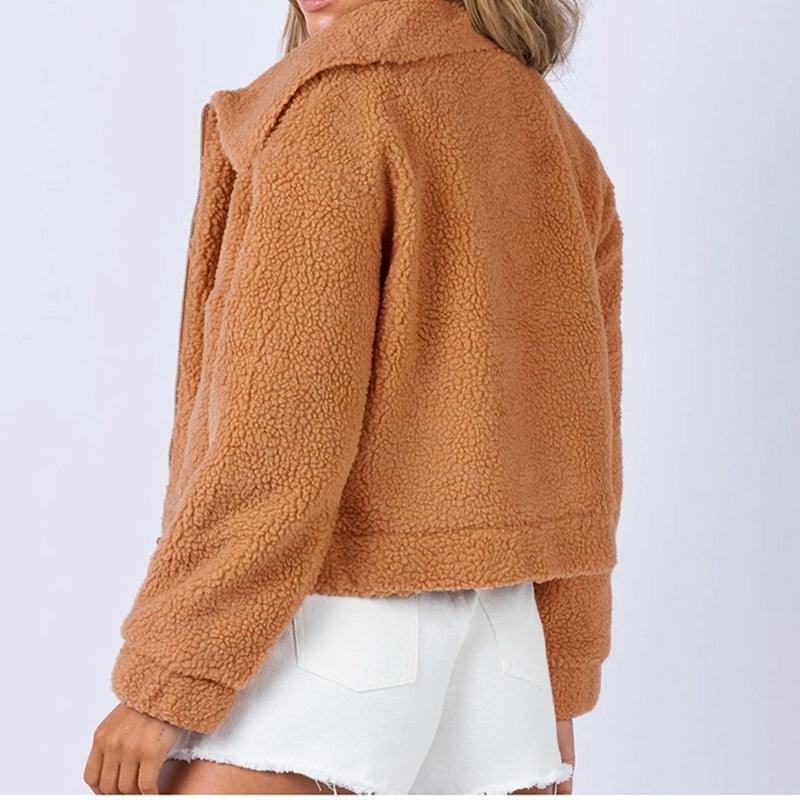 Collared Neck Zip-Up Cropped Sherpa Jacket - Jacket