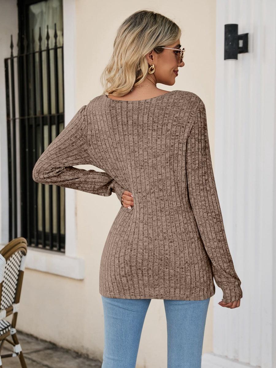 Square Neck Ribbed Long Sleeve Top - Top