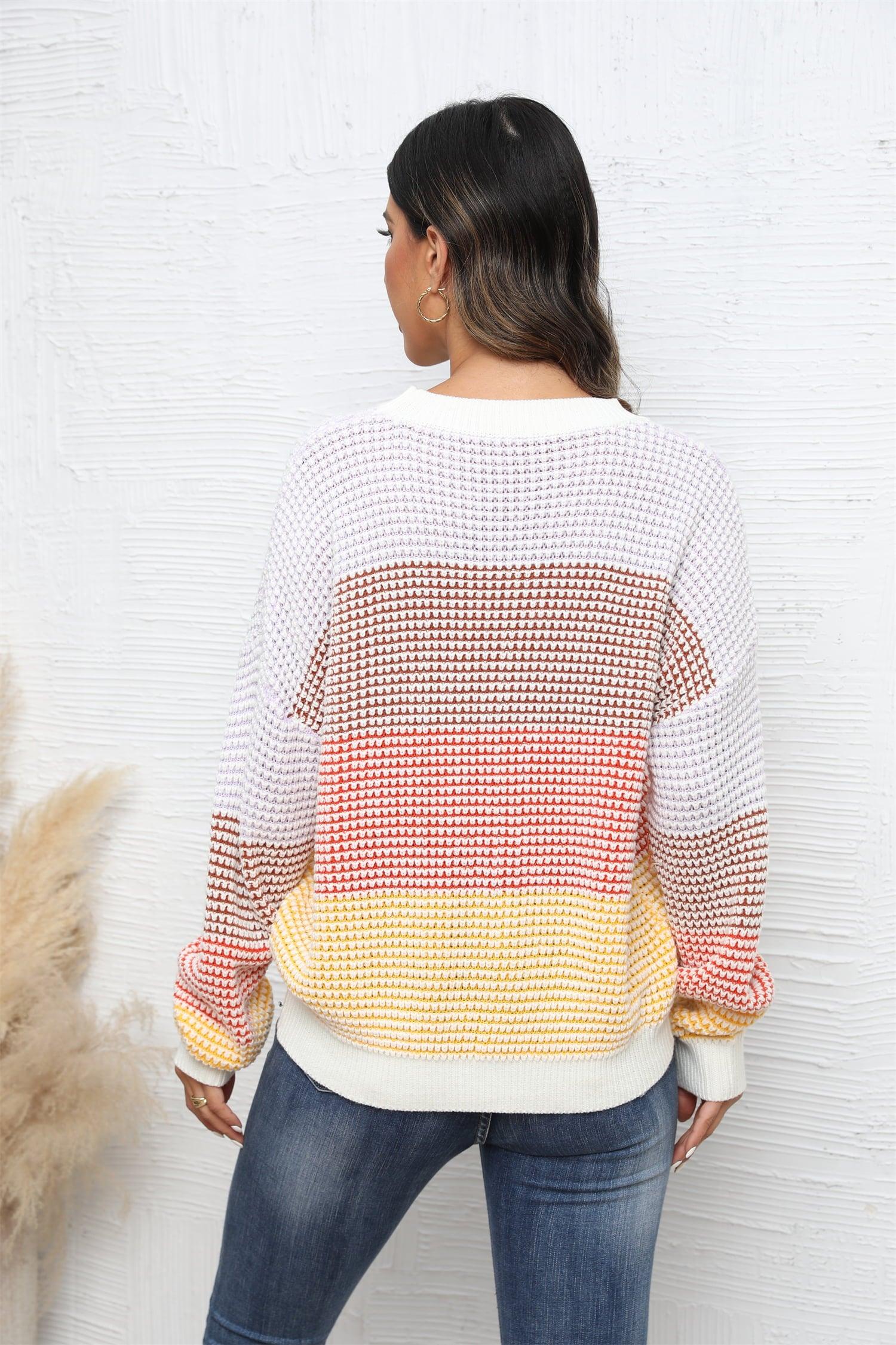 Waffle-Knit Round Neck Color Block Sweater - Sweater