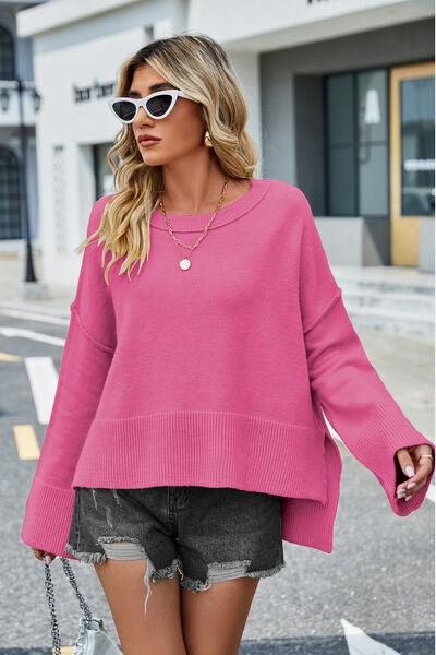 High-Low Slit Round Neck Sweater - Sweater