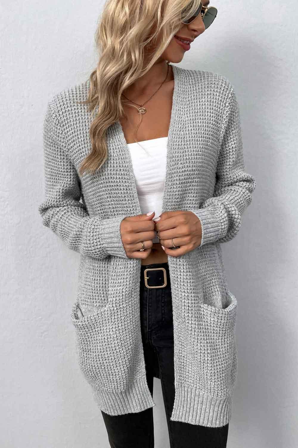 Rib-Knit Open Front Pocketed Cardigan - Cardigan