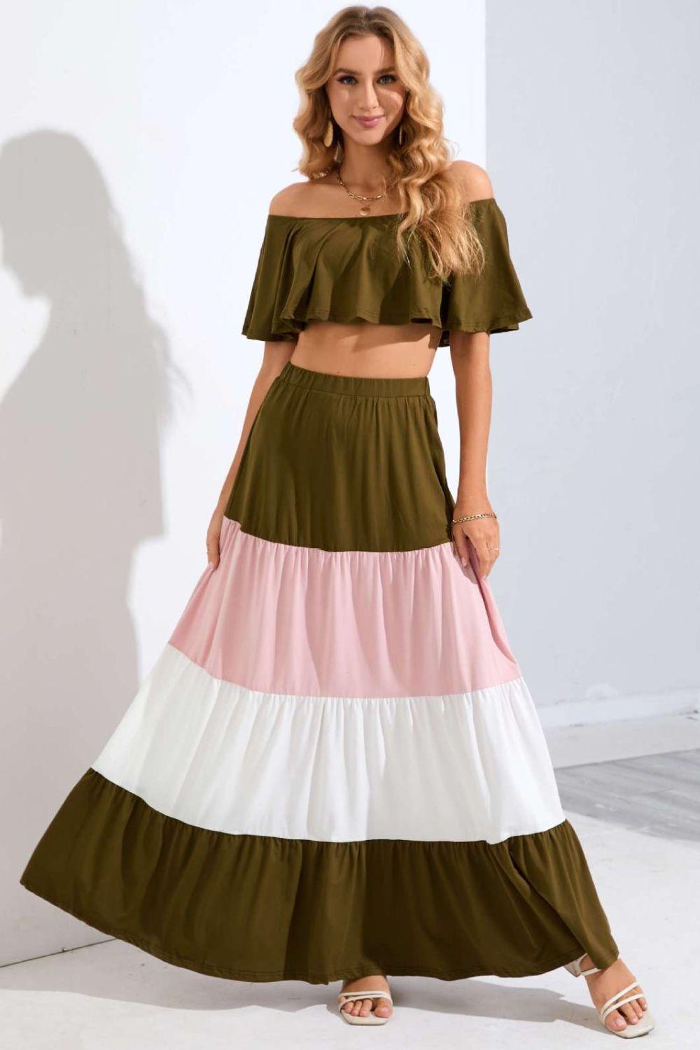 Off-Shoulder Crop Top and Color Block Maxi Skirt Set - Skirt & Top