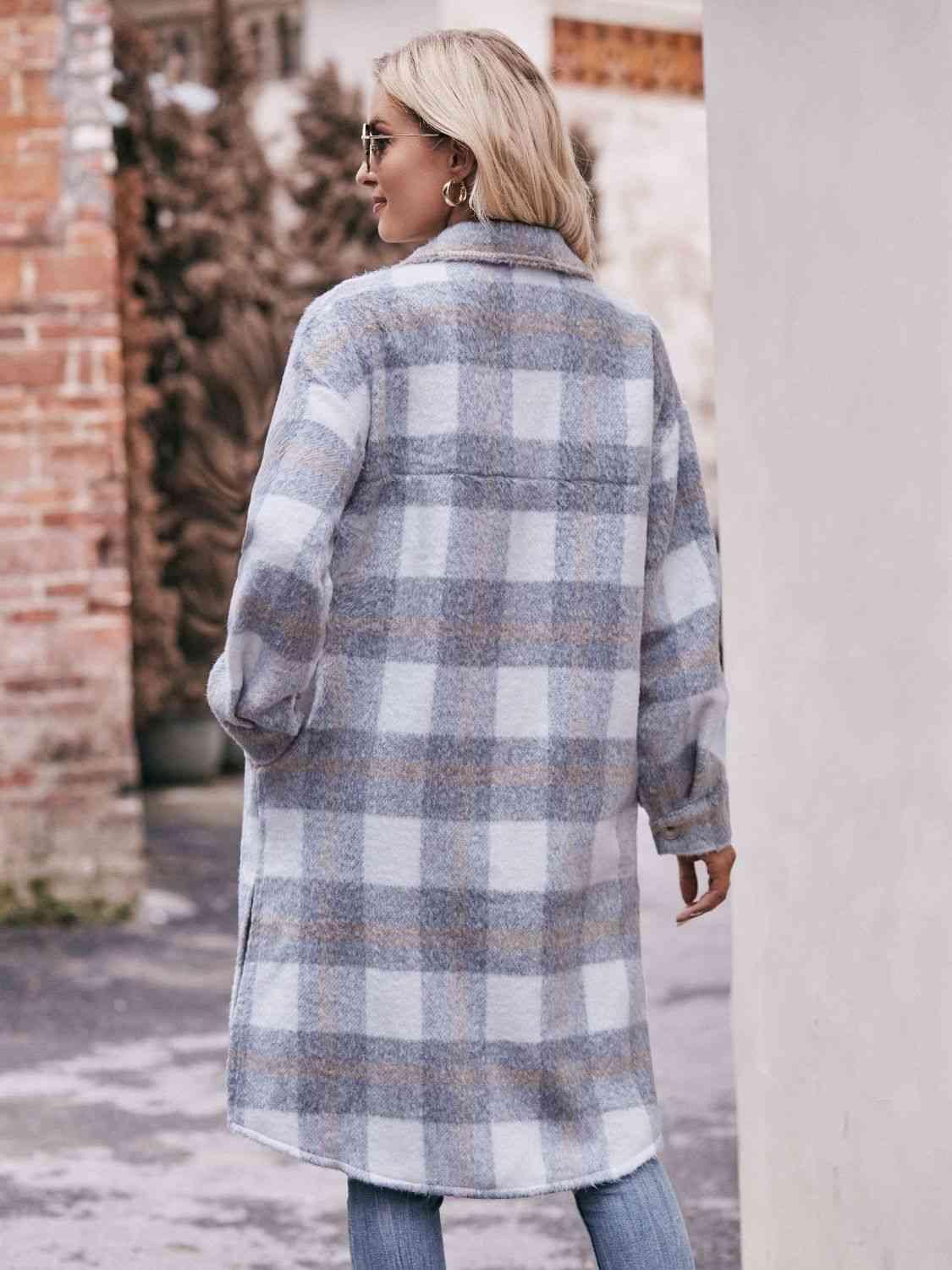 Plaid Dropped Shoulder Slit Coat - Coat