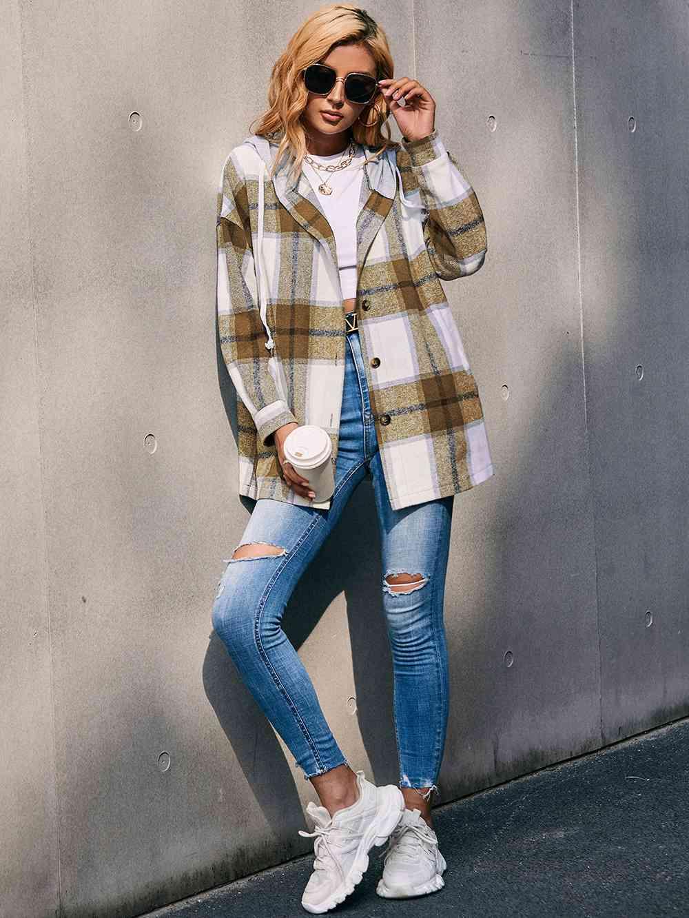 Plaid Dropped Shoulder Hooded Shacket - Jacket