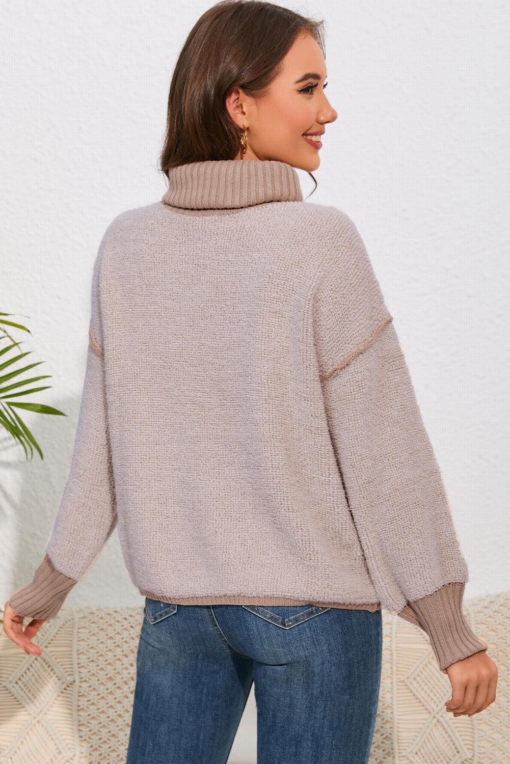 Ribbed Turtle Neck Lantern Sleeves Sweater - Sweater