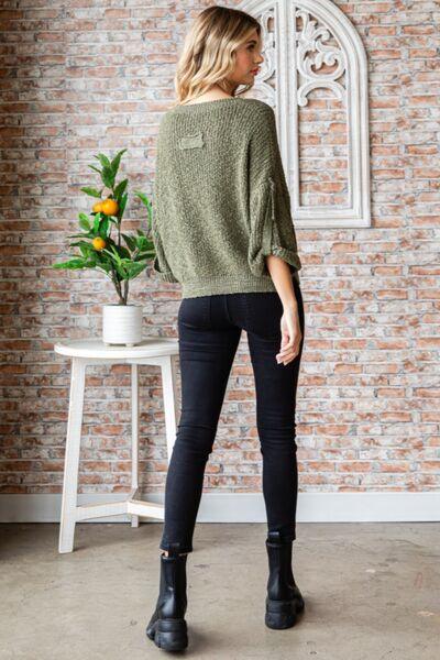 Veveret Round Neck Roll-Up Sweater - Sweater