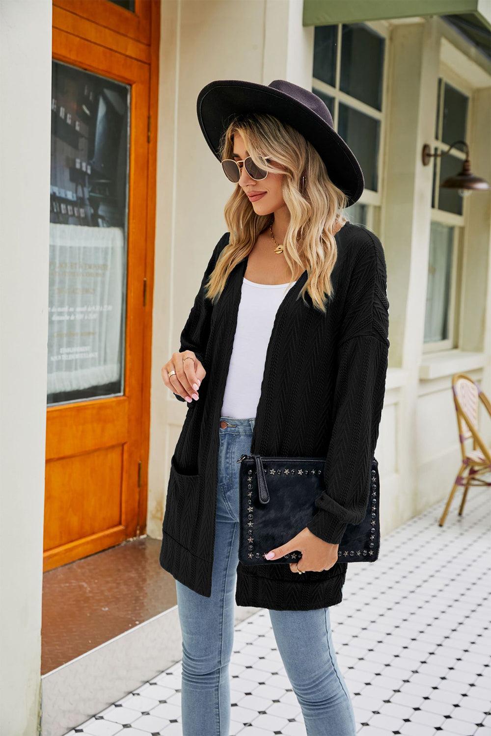 Cable-knit Long Sleeve Open Front Cardigan - Cardigan