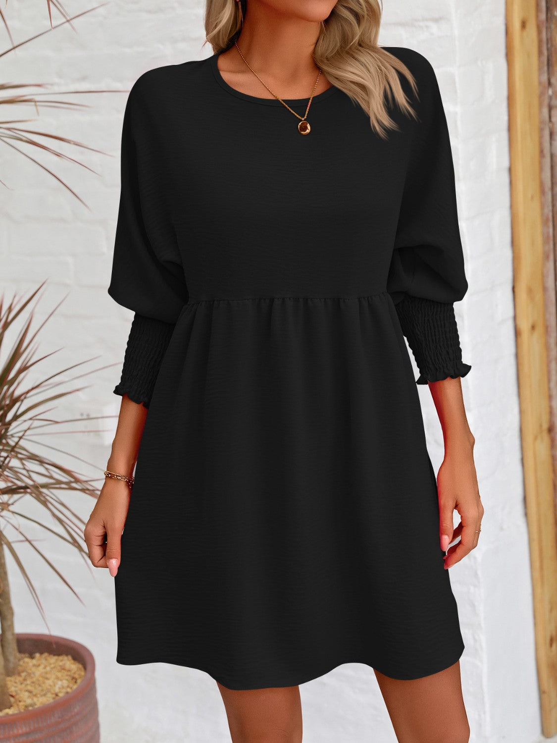 Round Neck Long Lantern Sleeve Mini Dress